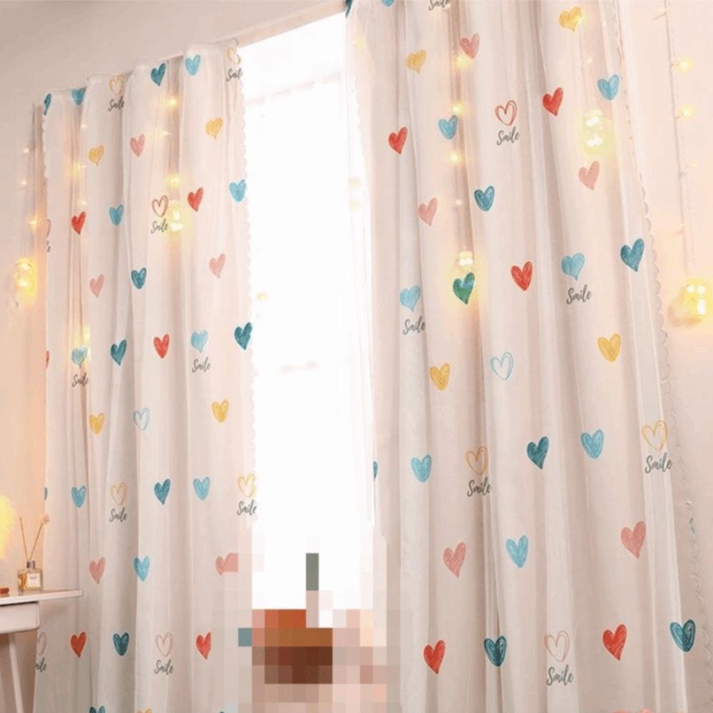 1 Pc No Drill Double Layer Curtain Cartoon Pattern with Rope Blackout Curtains Self-adhesive Bedroom Curtains Rental Housing