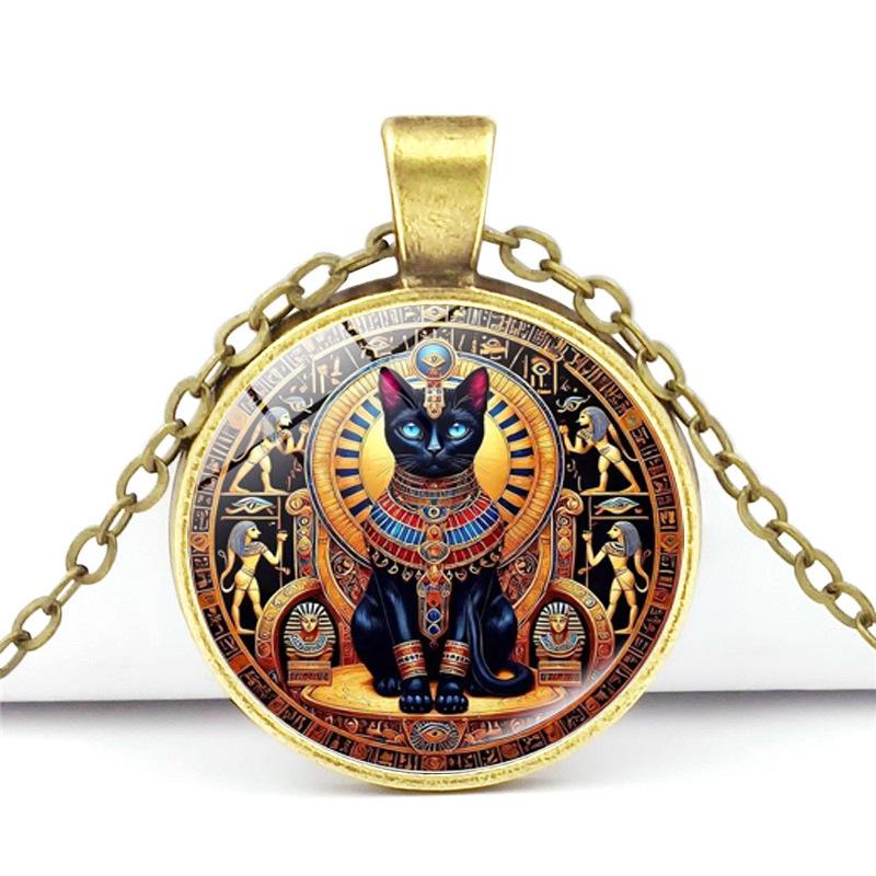 

Ancient Egyptian Geometry Circle Buster Cat Time Gemstone Pendant Necklace for Women Retro Sweater Chain Animal Creative Jewelry