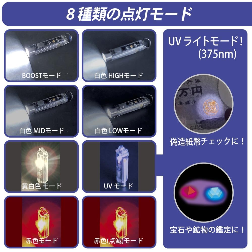 OHM Electric USB Rechargeable LED Mini Flashlight with Dimmable and UV Black Red Red ANSI Skeleton and Key Ring Included Multi-Light Color-Adjustable