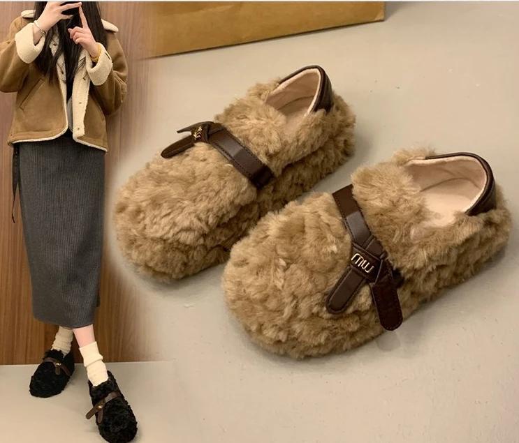 Fashion Luxury Sheep Fur Lined Loafers Women Lambswool Shoes Ladies Winter Slip On Furry Flats Cotton Wool Mocasine Femme Barefoot Boots