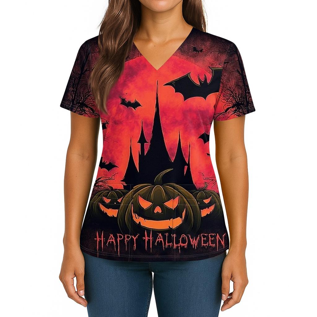 Dámský halloweenský potištěný top s výstřihem do V, dvojitou kapsou, krátkým rukávem a rozparkem na lemu, uniforma pro pečovatelky