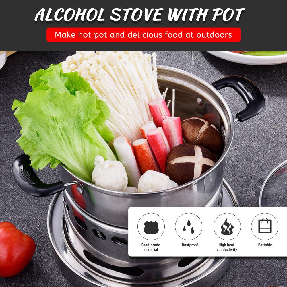 Outdoors Stainless Steel Alcohol Stove with Pot Portable Burner Rustproof Anti-corrosion Cooking