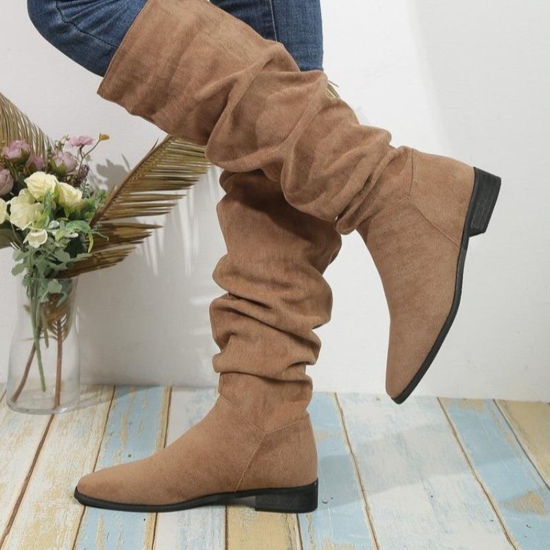 Fashion New Style Popular Pleated Boot Women Faux Suede Flock Knee High Boots Winter Women Fashion Slip On Square Low Heel Knight Boots