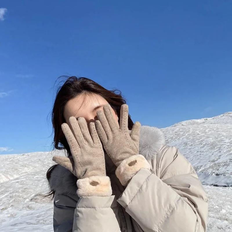 Winter Gloves Women Girl Cashmere Touch Screen Warm Gloves Elegant Outdoor Riding Wool Bow Full Cotton Finger Driving Mittens