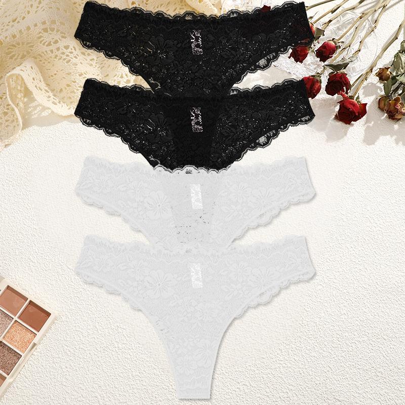 4Pcs/Set Perspective Lace Panties Hollow Out Low-waist Underwear Thongs Female Underpants Breathable Lingerie Intimates