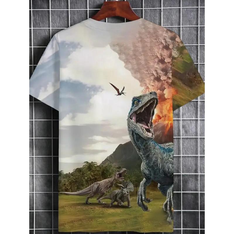 Men's 3D Dinosaur Printed T-shirt Casual Short Sleeved Round Neck Breathable Polyester Fabric Summer Style