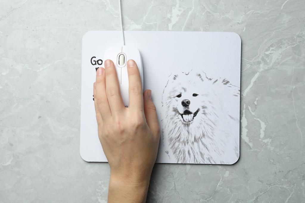 Samoyed, Bjelkier, Samoiedskaya Sobaka - mouse pad with print, personalized dog-themed mouse pad, unique gadget for an office worker by Art-Dog brand