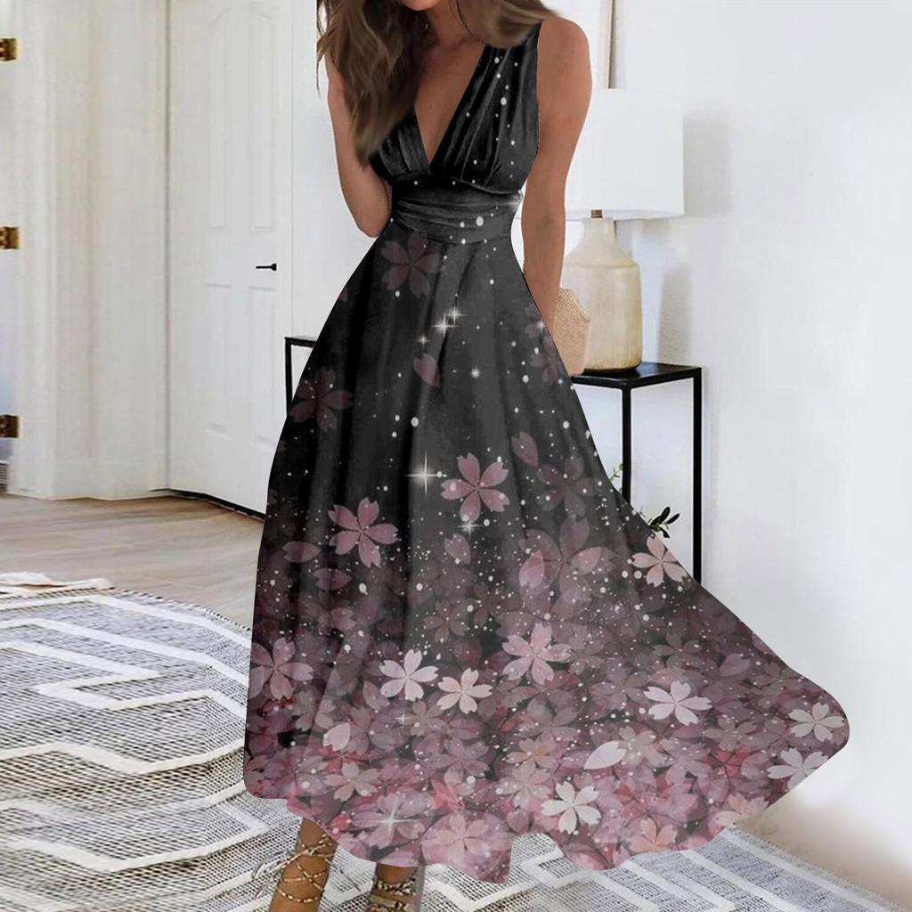 Vestido largo para mujer, vestido informal, vestido holgado, vestido de corte A, vestido de calle de moda floral, vestido de exterior diario con estampado de cita, sin mangas, vestido con cuello en V