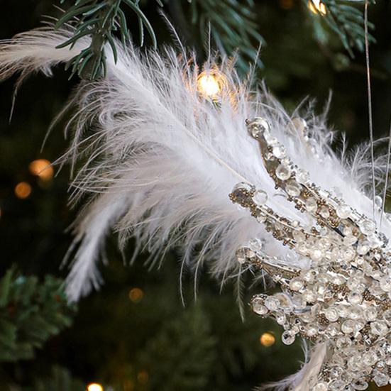 Glitter Rhinestone Hummingbird Ornament White Feather Flying Hummingbird Christmas Tree Hanging Ornament for Home Holiday Party Decor