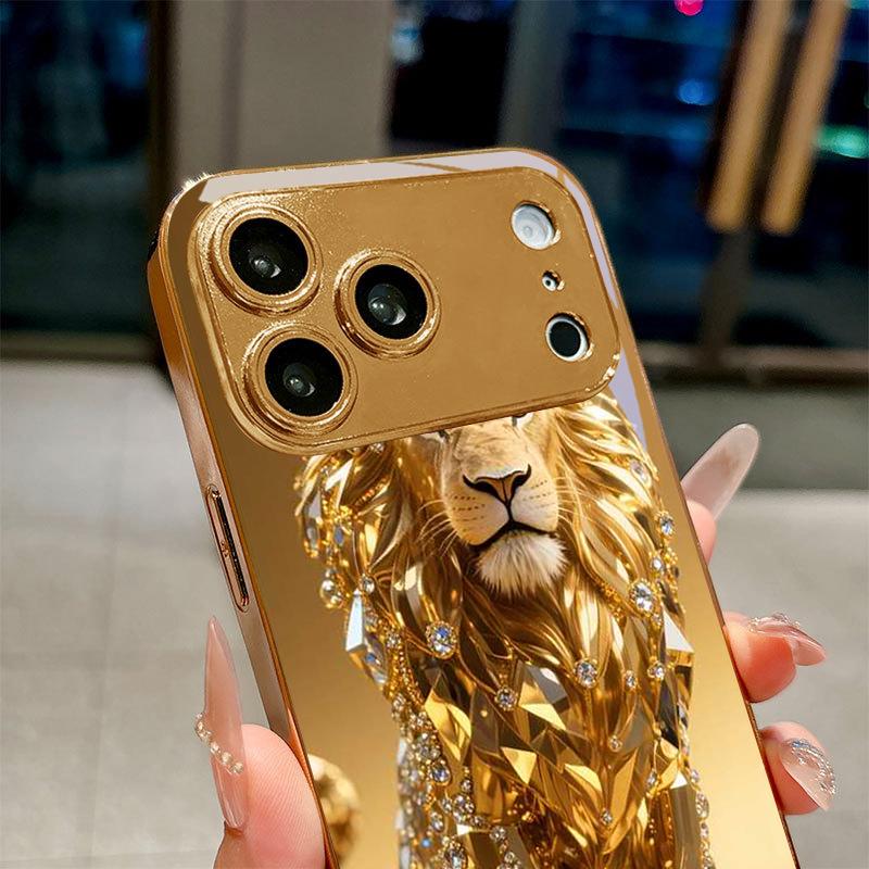 Jeweled Gold Lion Electroplated Golden Phone Case For iPhone 17Air 17 16 15 14 13 12 11 Pro Max Plus 16E XR 7 8 Xs X Glass Cover