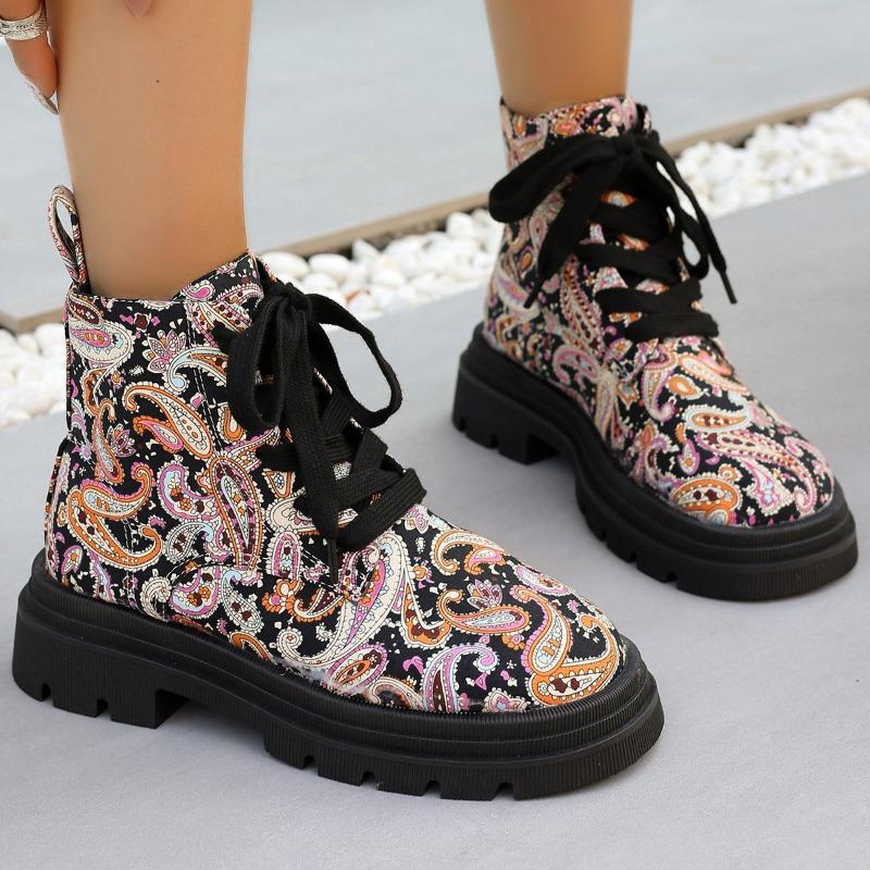 Fashion Autumn/Winter New Platform Modern Ankle Boot Women Round Toe Printed Lace-up Thick Bottom Motorcycle Boots Gothic Shoes