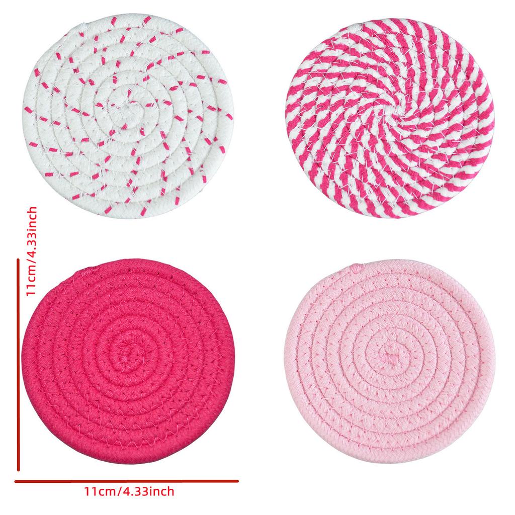 4PCS Hand Woven Circular Cotton Dining Table Placemat Coaster Kitchen Accessories Mat Cup Solid Color Coffee Drink Pad