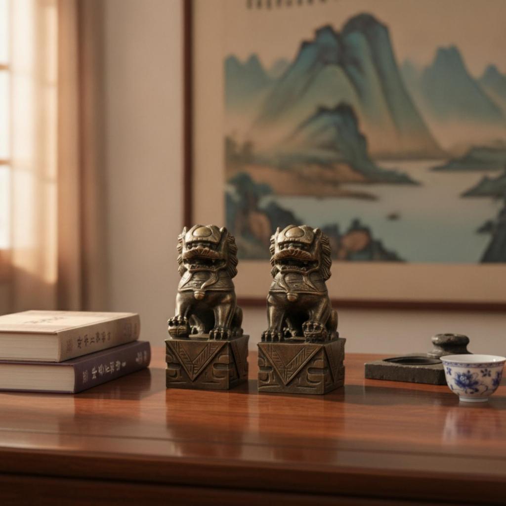 Lion Sculptures with Pedestal Antique Protector Statues ChineseStyle Sculpture for Collectors,