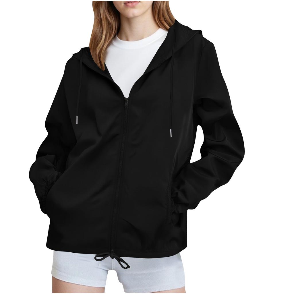 Women Solid Rain Jacket Outdoor Plus Waterproof Hooded Raincoat Windproof