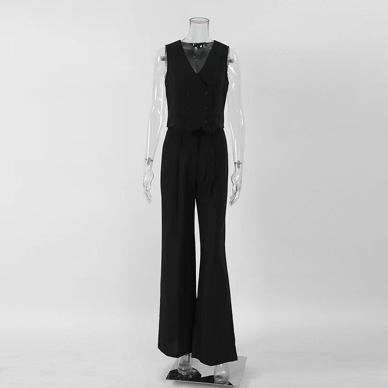 

Модный стиль Летняя мода Повседневный черный жилет Брюки широкие от бедра Костюм Майка и брюки Black S