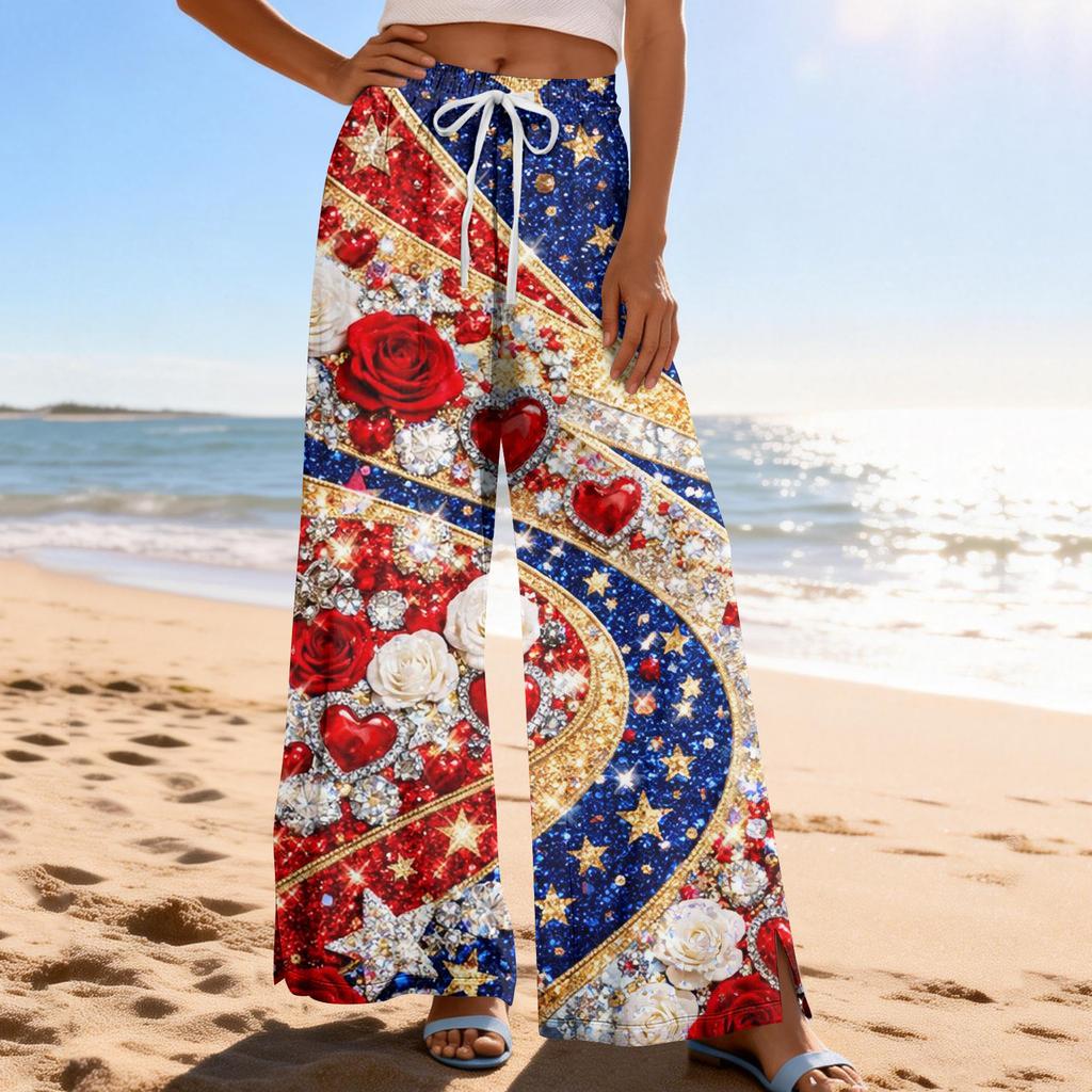 Dámské letní boho palazzo kalhoty s vysokým pasem a širokými nohavicemi, tisk, ležérní kalhoty s kapsami