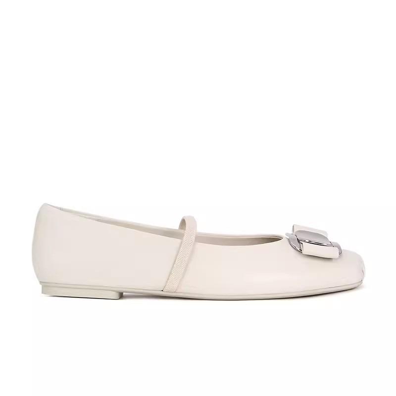 Cowhide version square head leather light mouth metal bow Mary Jane shoes women's flat ballet shoes