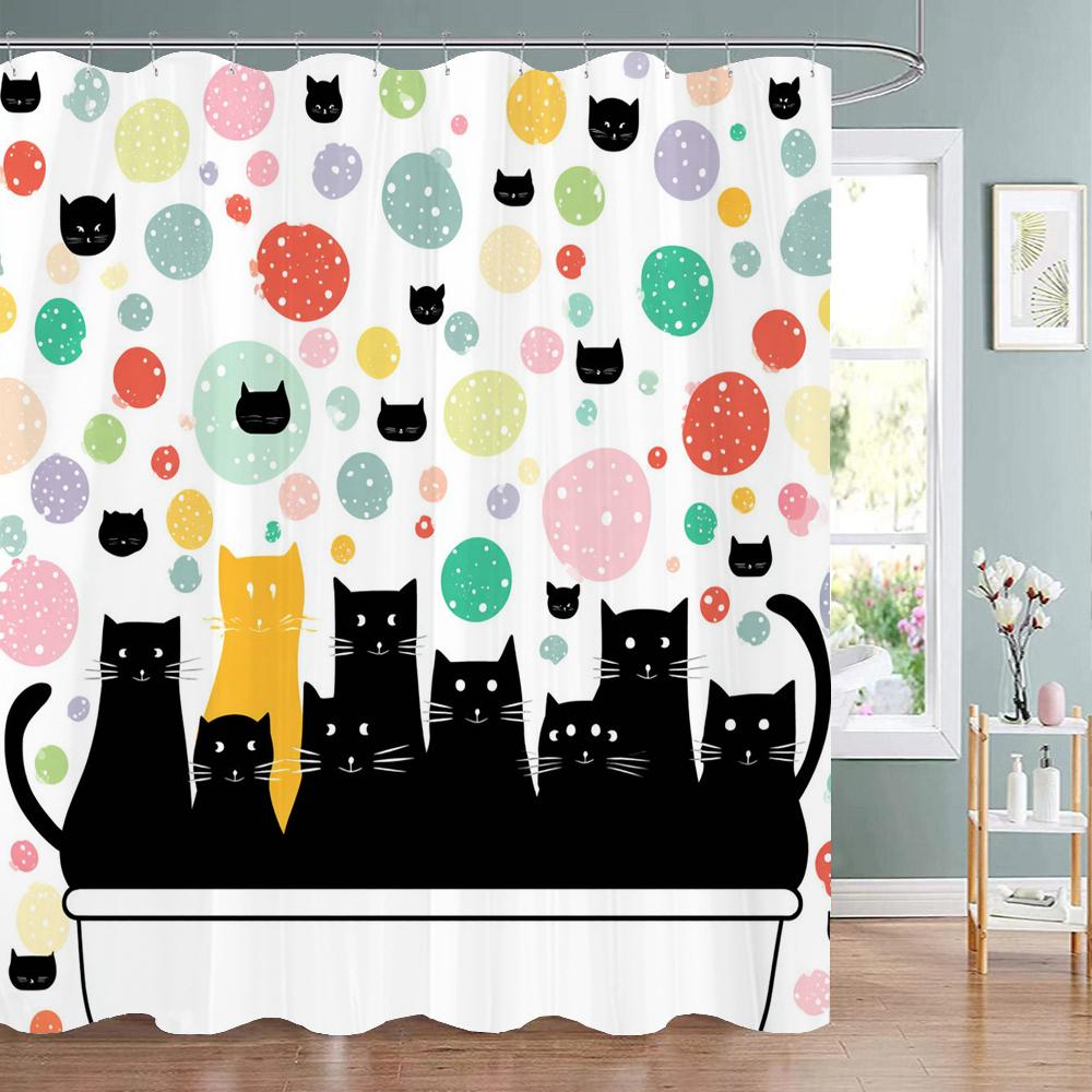 Cartoon Cute Bathing Cat Art Shower Curtain, Bathroom Decorative Shower Curtain, Home Printed Bath Curtain With Hooks
