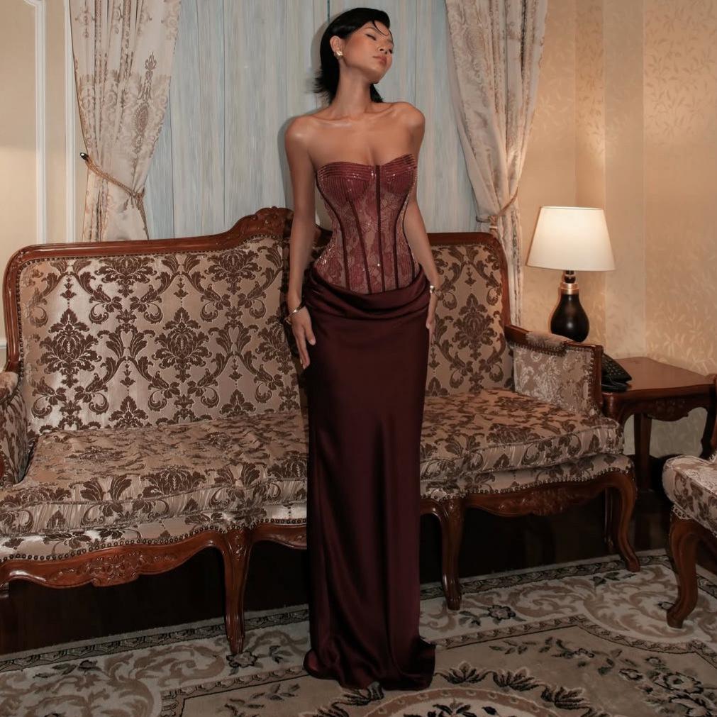 

Бордовое strapless кружевное облегающее длинное платье - Стильная уличная одежда для жарких свиданий Small вино красного