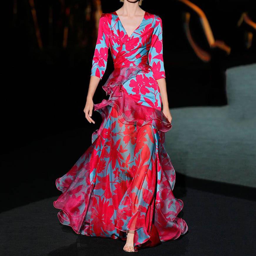 

2025 Многослойное облегающее платье с V-образным вырезом - Принт «Кленовый лист» для женщин S красный