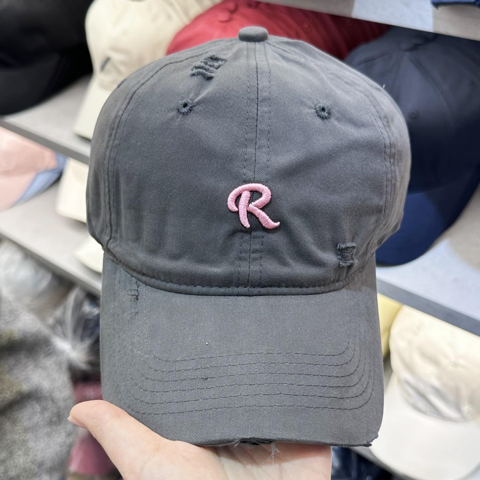 

American Retro Ripped Edged Baseball Cap Letter R Versatile Big Head Circumference Wide Brim Showing Face Small Duckling Hat for Women M（56-58cm）