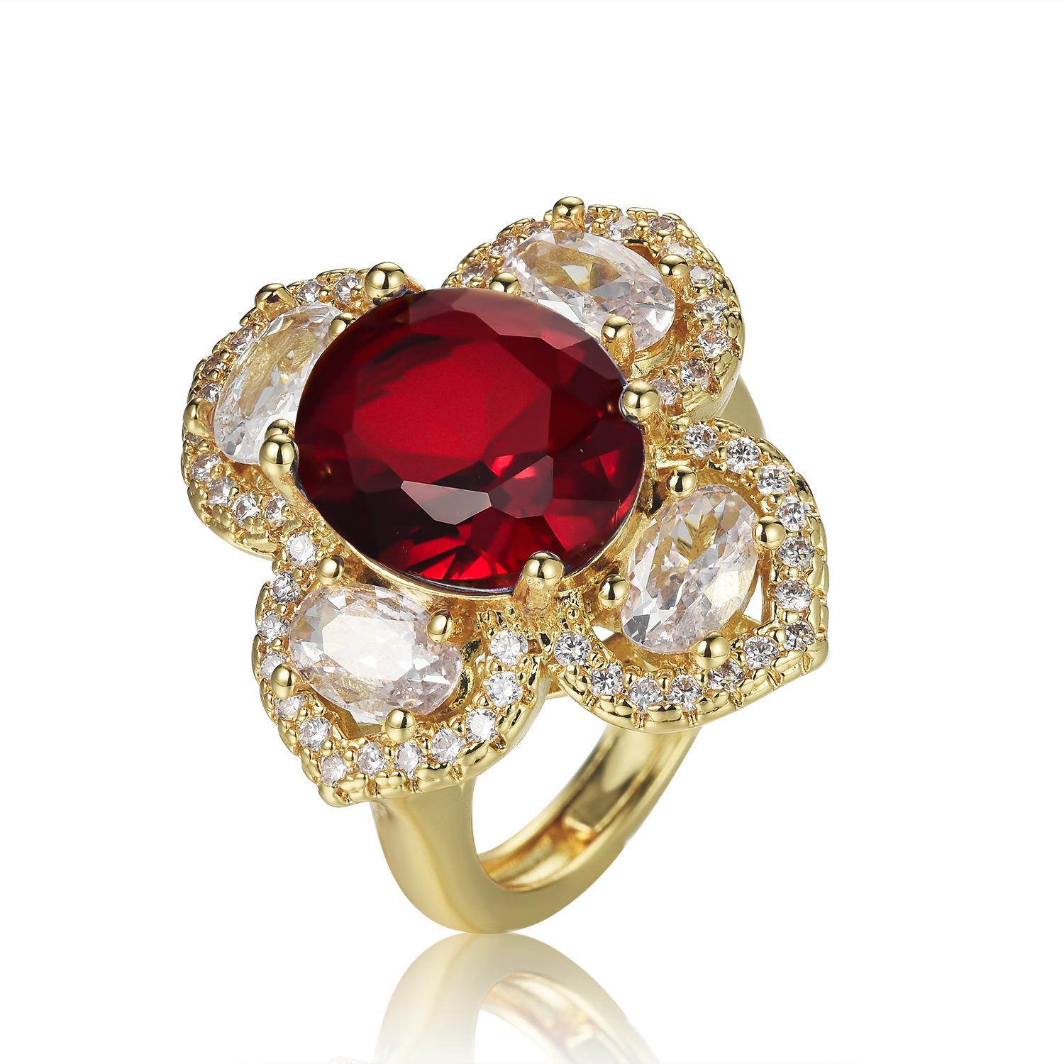 Hot mining heavy industry colored treasure oval zircon four-leaf clover ring ring ring