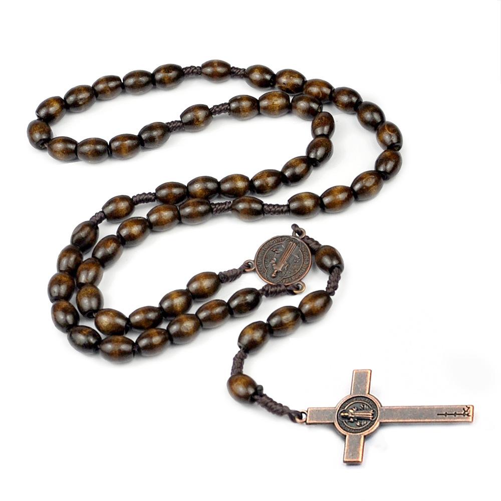 Vintage Jesus Cross Pendant Necklace for Women Men Sweater Chains Prayer Bead Wood Jewelry Wholesale