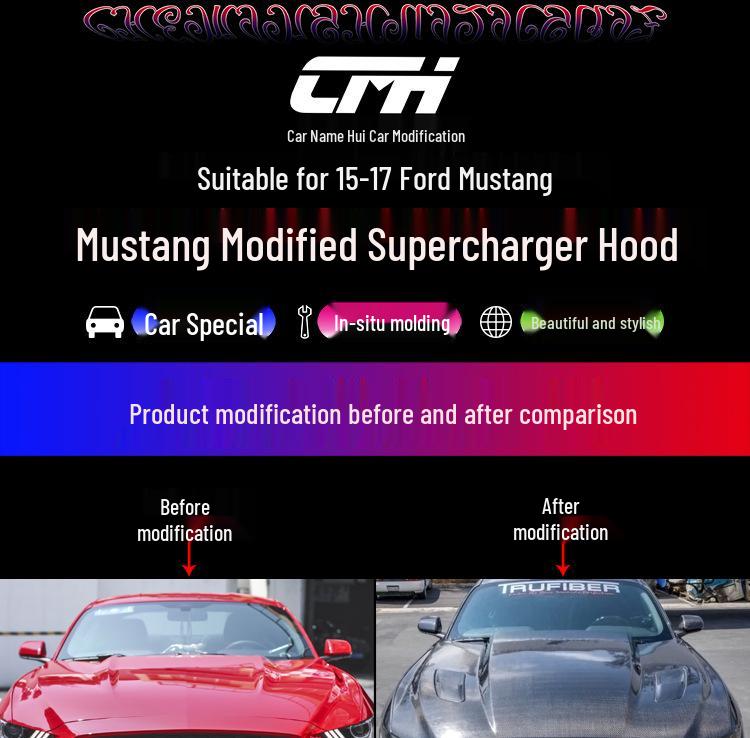 Carbon Fiber Hood for 15-17 Ford Mustang - Supercharger Compatible with Heat Dissipation