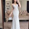 Sexy pinch pleated polka dot backless deep V-neck suspender dress women's summer high-end temperament hip-wrapped dress