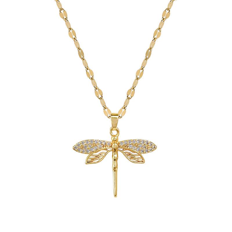 Colier Personalitate Lux Ușor Gol Libelulă Incrustat Aur Adevărat Femei Lanț Transfer Claviculă Cu Bijuterii