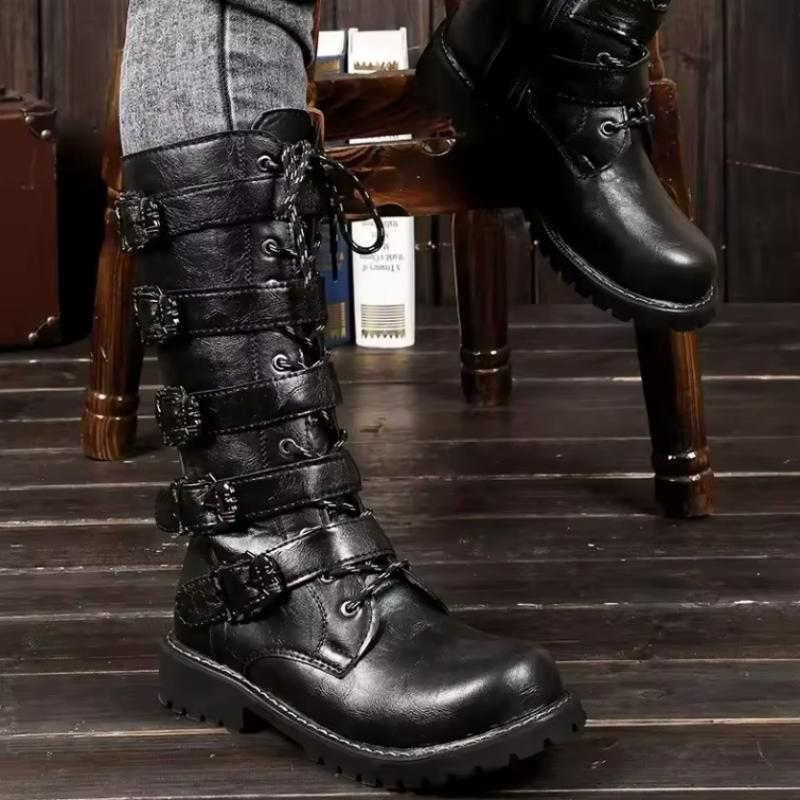 Herren Leder Motorradstiefel Wadenhohe Stiefel Gotische Gürtel Rock Punk Schuhe Outdoor Schwarzer Freizeitstiefel Winter Große Größe Herren Stiefel