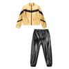 Girls Hip Hop Dance Jacket Metallic Zipper Contrast Color Stand Collar Coat Glittery Waist Pants Set