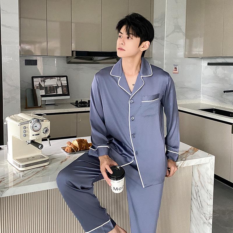 

Мужская пижама из ледяного шелка: Комплект с длинным рукавом и брюками, тонкий, свободный, больших размеров, домашняя одежда для подростков и взрослых на весну и осень. XXL