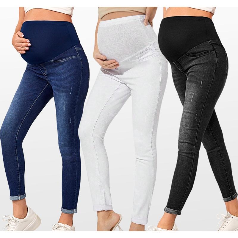 Pregnant Women High Waist Support Belly Jeans Maternity Hip Lifting Elastic Denim Pants Daily Work Wear Streetwear Loungewear