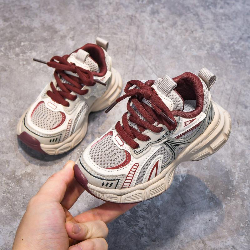 Kids Beige Red Mesh Breathable Sneakers 21