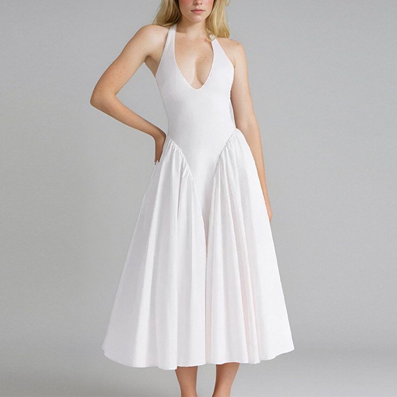 

2026 New Spring Women s Clothing Cross-Border European and American Style Elegant Solid Color Halter Pleated Dress White M