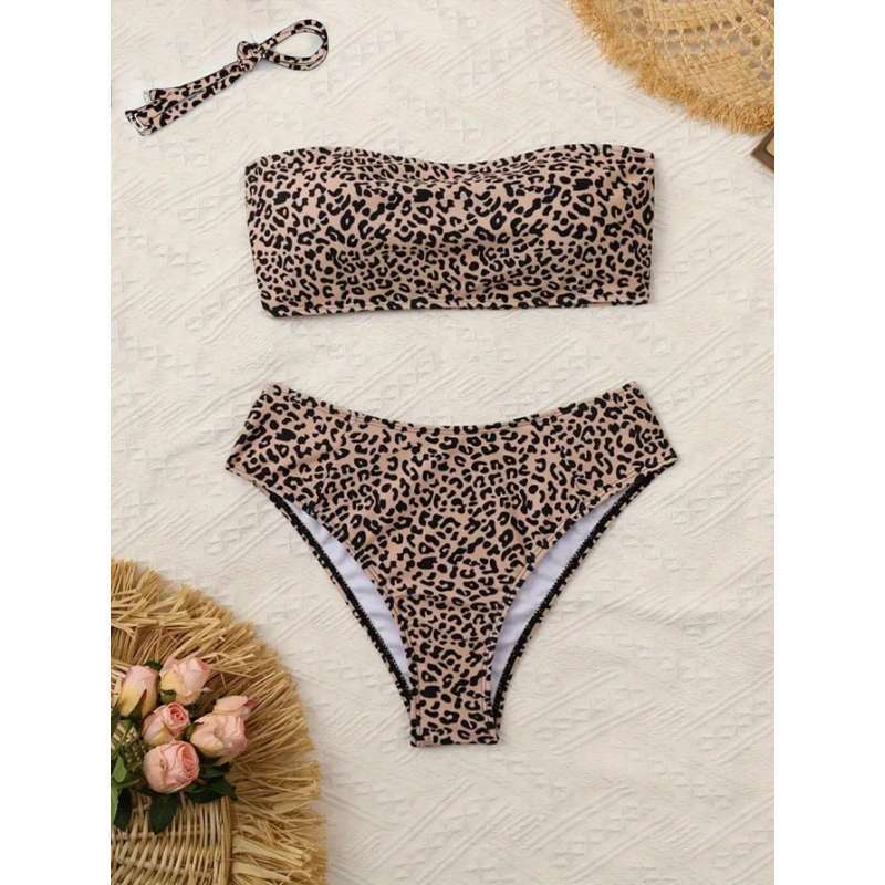 

Women s Leopard Print Bandeau Bikini Set High Cut Swimwear With Detachable Strap S леопард друку кольору