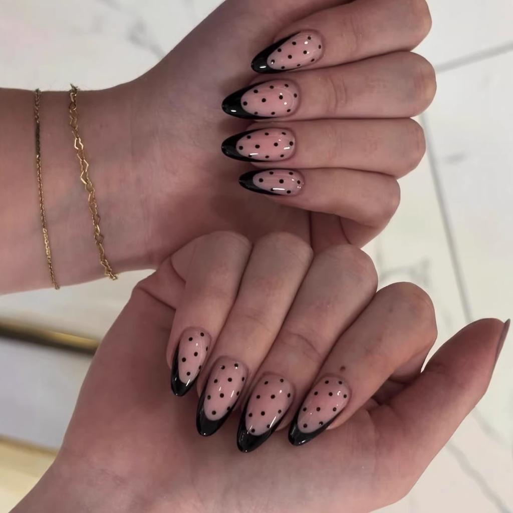 European And American Long Glossy Almond Manicure, Advanced Temperament, Simple French Polka Dot Design, Wearing Nail Piece