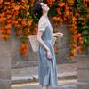 Bailuyu Hollow-out Floral Patchwork Faux Two-Piece Denim Dress