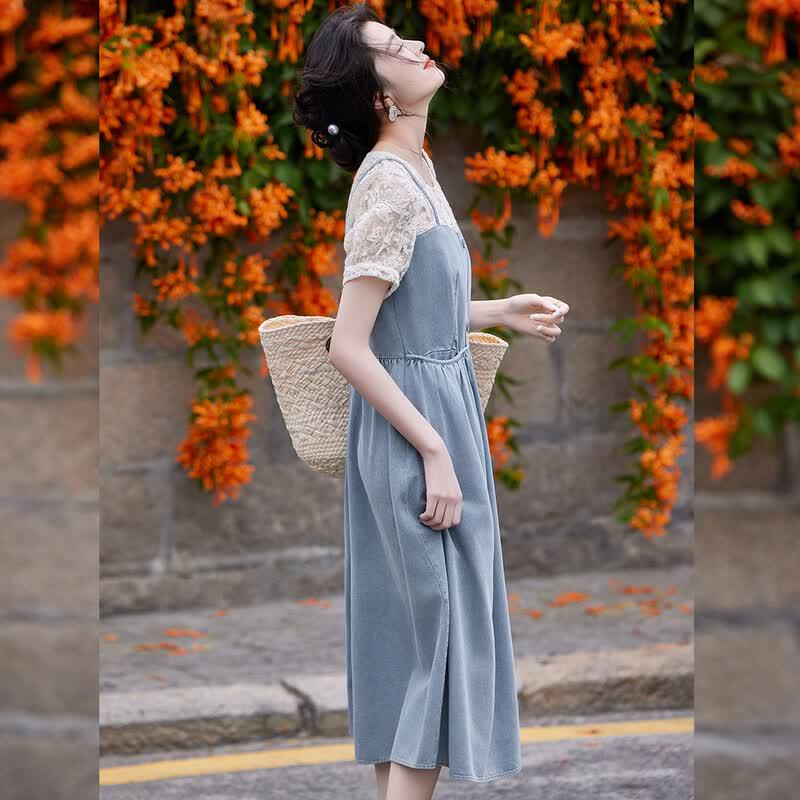 Bailuyu Hollow-out Floral Patchwork Faux Two-Piece Denim Dress
