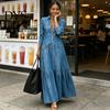 Lightweight Denim Dress Women Button Down Maxi Dress, Long Sleeve Lapel V Comfortable Casual Neck Flowy A-line Jean with Pockets Mid-length Summer