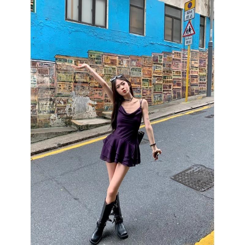 Pure desire Spice Girl waist slim fit slender collar suspender dress female French Spice Girl temperament irregular short skirt