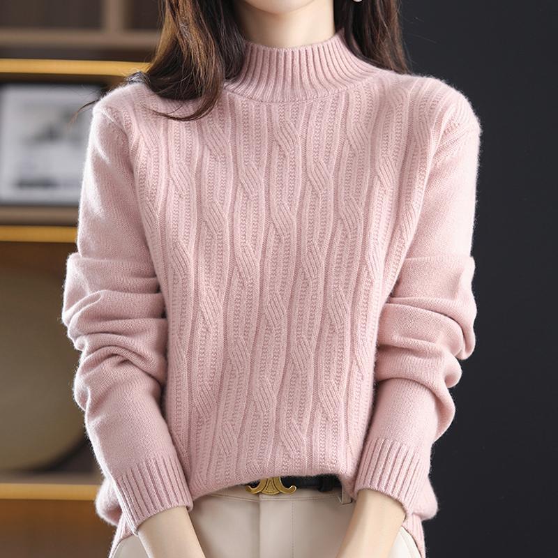 Autumn Winter Thick Warm Sweater Women Half High Collar Cashmere Sweater Korean Solid Green Casual Basic Pullover Knitwear