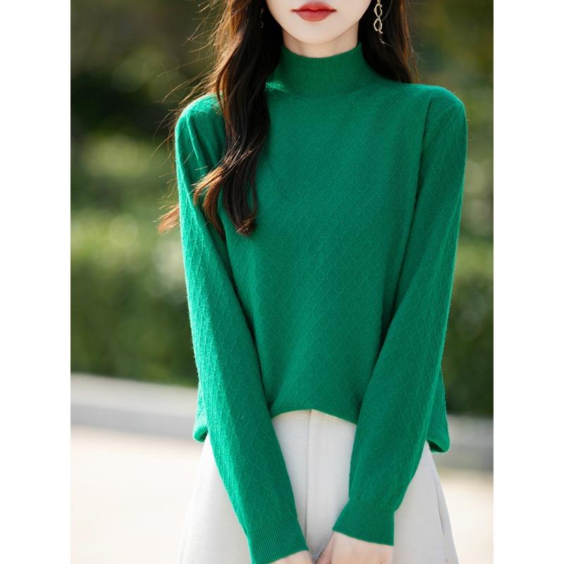Autumn and winter new semi-turtleneck rhombus women's long-sleeved knitted sweater loose and thin pullover sweater with base