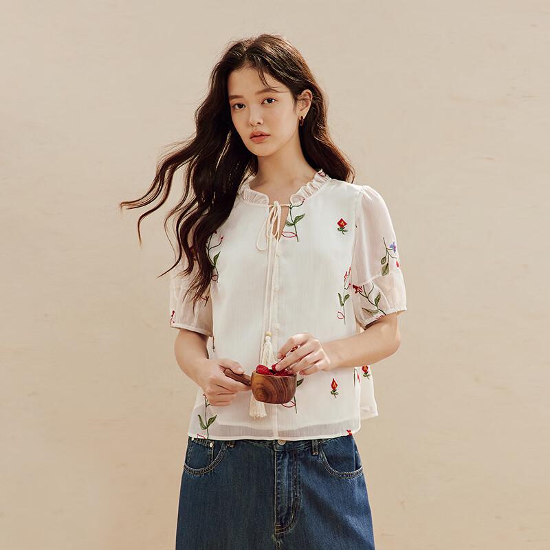 INMAN Plant Embroidered V-Neck Tassel Tie-Up Short-Sleeve Shirt XL