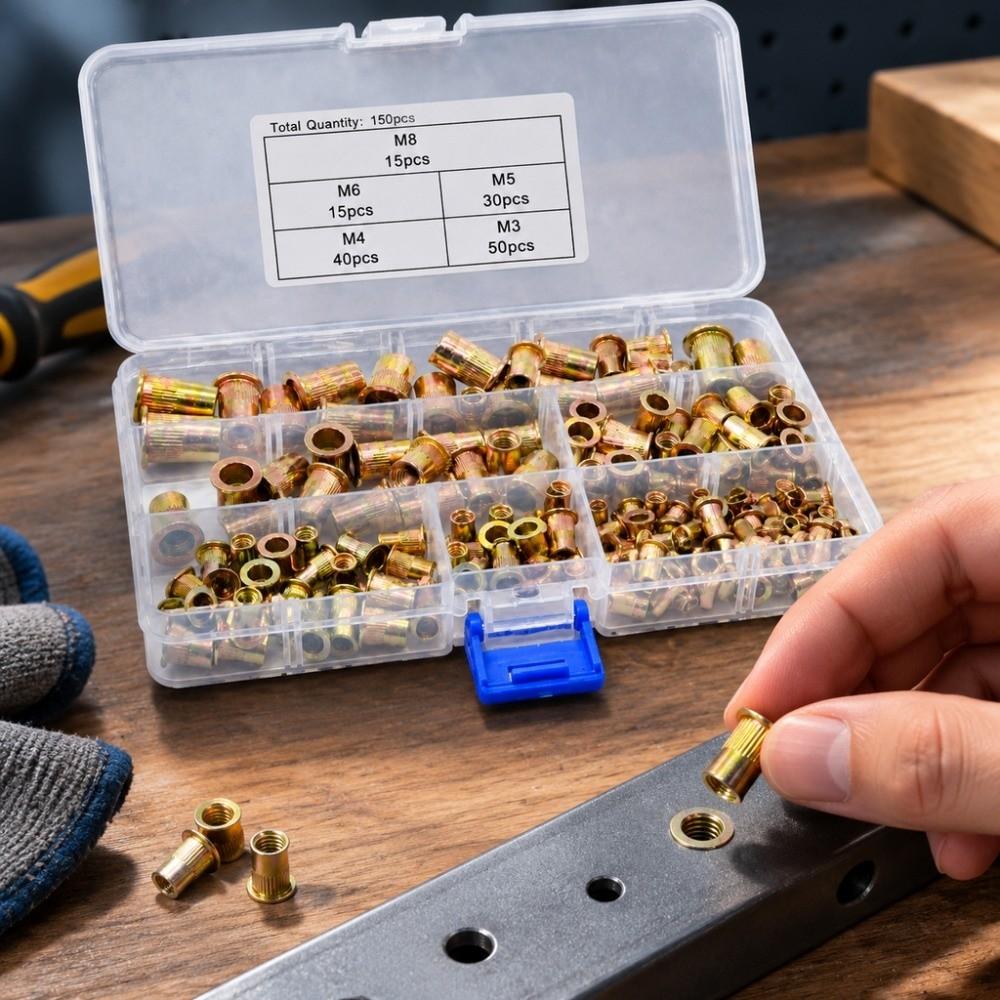 150PCS Gold Rivet Nuts Assortment Steel Threaded Rivnuts Knurled Nuts Set Industrial Applications