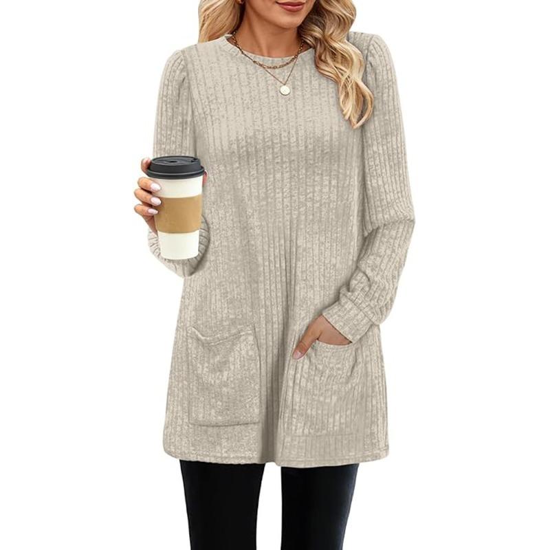 Women's Fall Winter Ribbed Long Sleeve Knit Tunic Crew Neck Solid Color with Pockets Casual Sweater