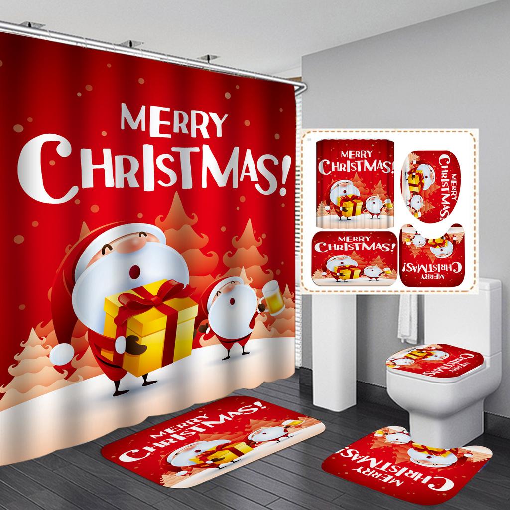 Merry Christmas Bathroom 4Pcs Set Snowman Santa Claus Pattern Waterproof Shower Curtain Toilet Cover Mat Non Slip Rug Home Decor