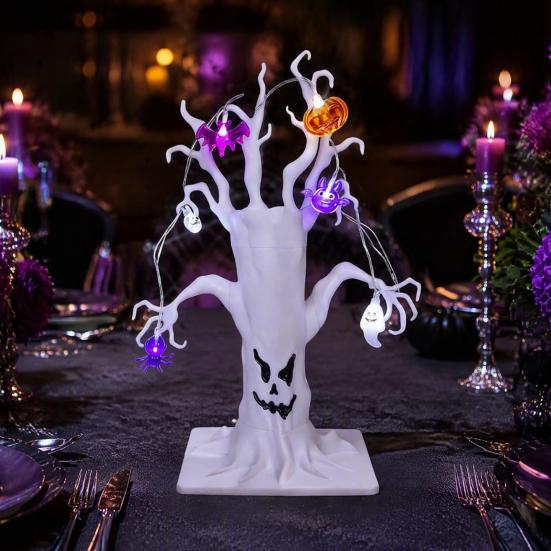 Entryway And Showcase Displays Halloween Lighted Ghost Tree Centerpiece with LED Lights, Pumpkin Bat Small Battery Operated Spider Light String,