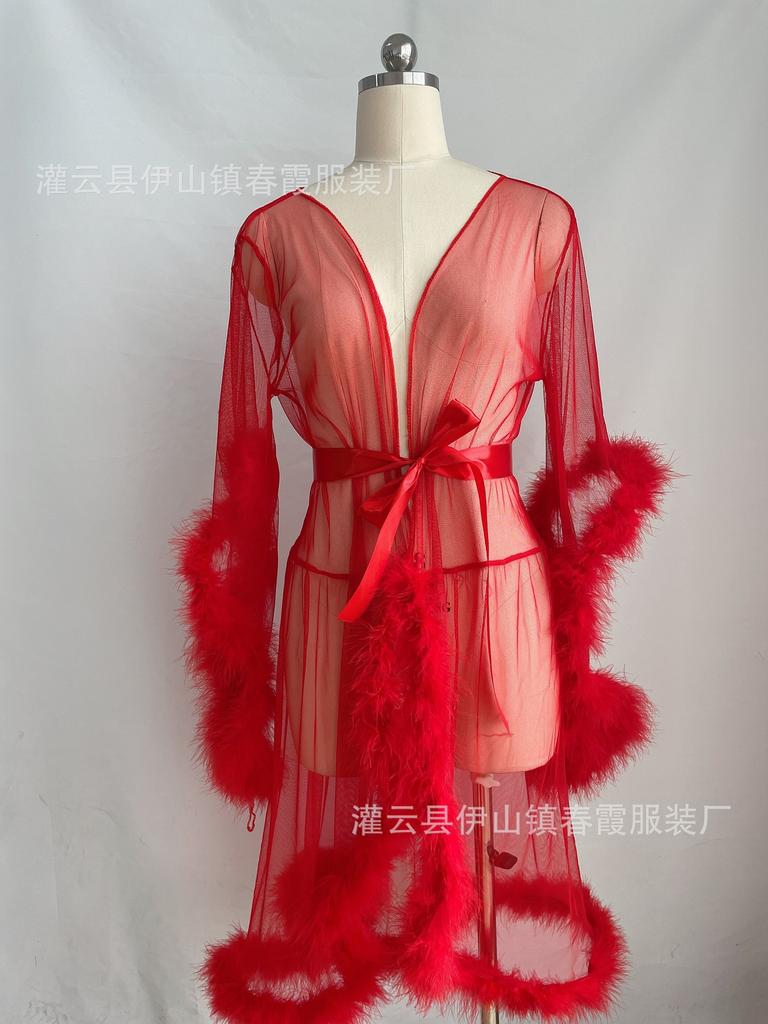 Sexy transparent mesh robe, bathrobe, nightgown, perspective loungewear, fluffy splicing sleeves, medium and long coat.